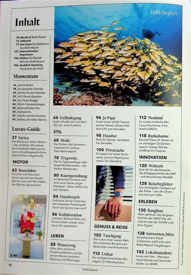 Robb Report Inhaltsverzeichnis