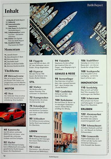 Robb Report Inhaltsverzeichnis