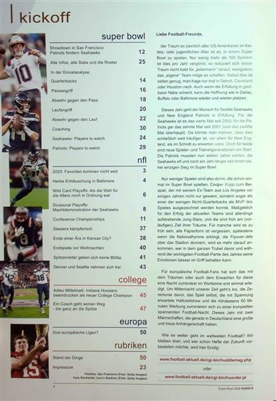 Huddle - Football Magazin Inhaltsverzeichnis
