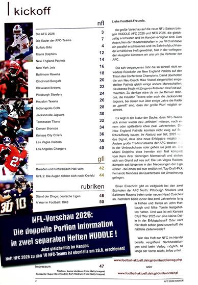 Huddle - Football Magazin Inhaltsverzeichnis