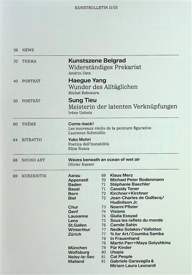 Kunstbulletin Inhaltsverzeichnis