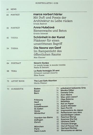 Kunstbulletin Inhaltsverzeichnis