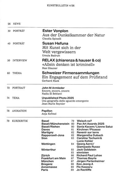 Kunstbulletin Inhaltsverzeichnis