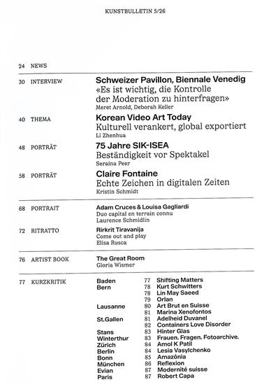 Kunstbulletin Inhaltsverzeichnis