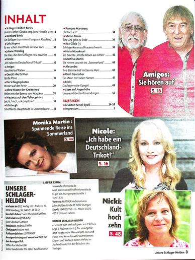 Unsere Schlager Helden Inhaltsverzeichnis
