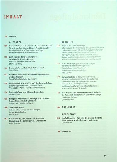 Die Denkmalpflege Inhaltsverzeichnis